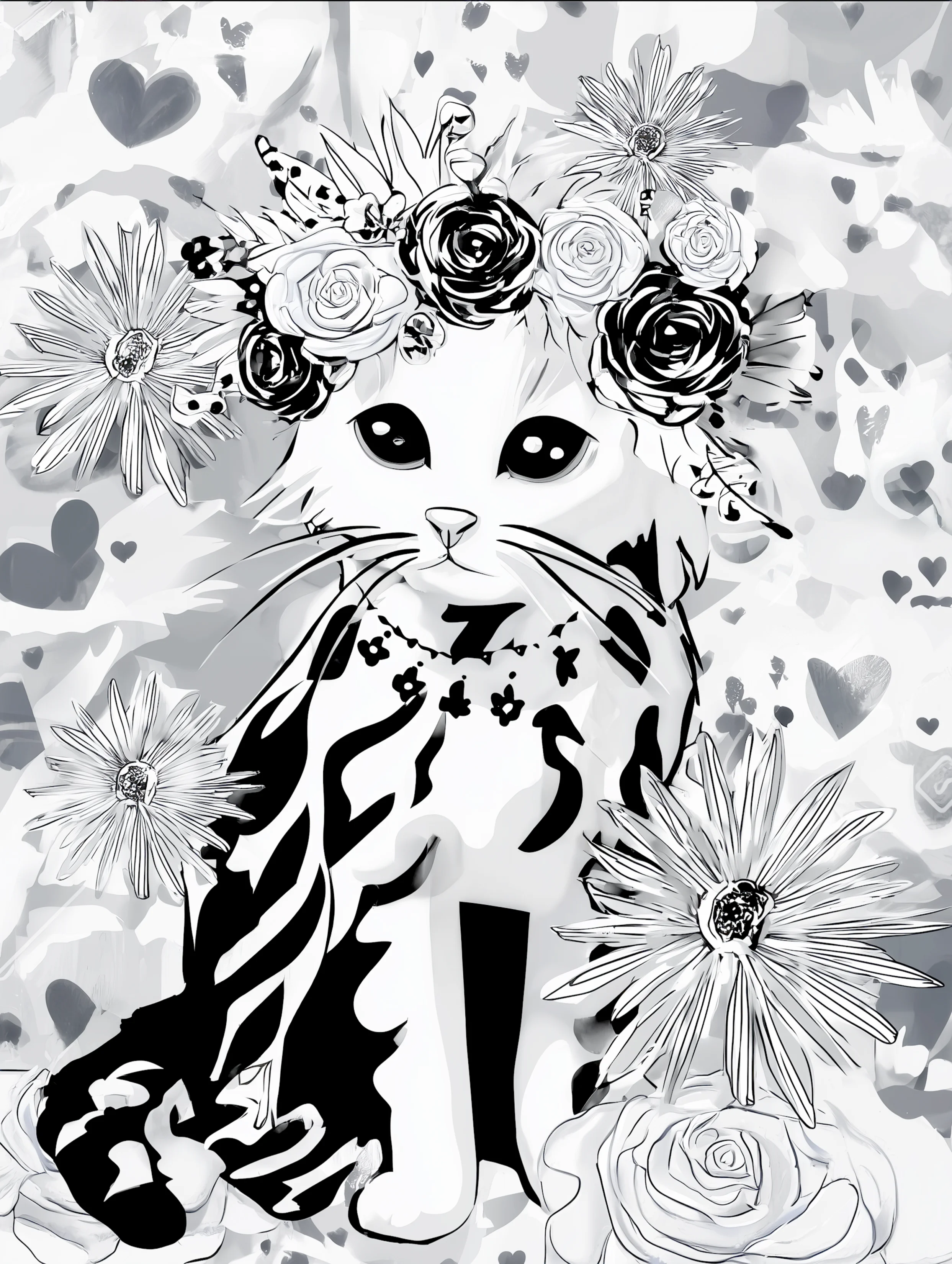 Free printable kitten coloring page featuring flower crown kitten